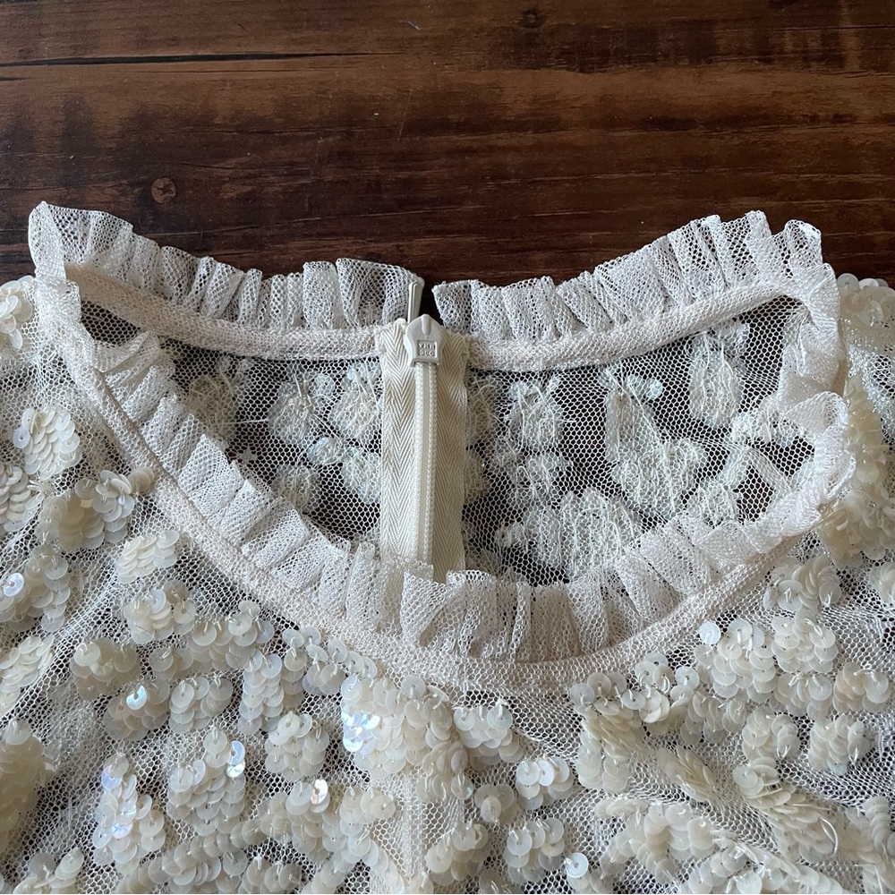 NEEDLE & THREAD Aurelia Sequin Embellished Top Natural Cream Ruffle Sheer Blouse - Picture 8 of 15